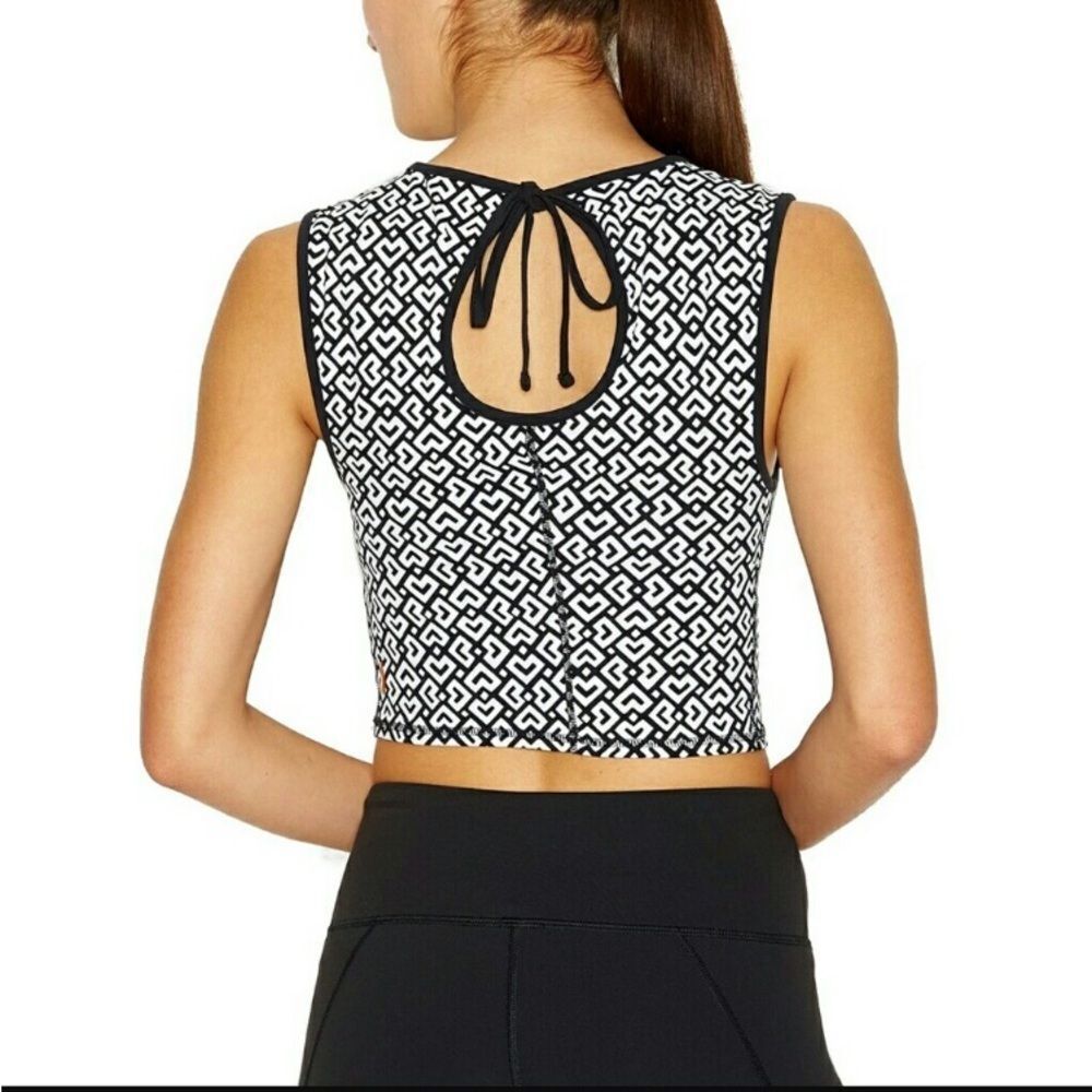 Lucy High Expectations Crop Tank Top Cut Out Back Black White Geometric Print